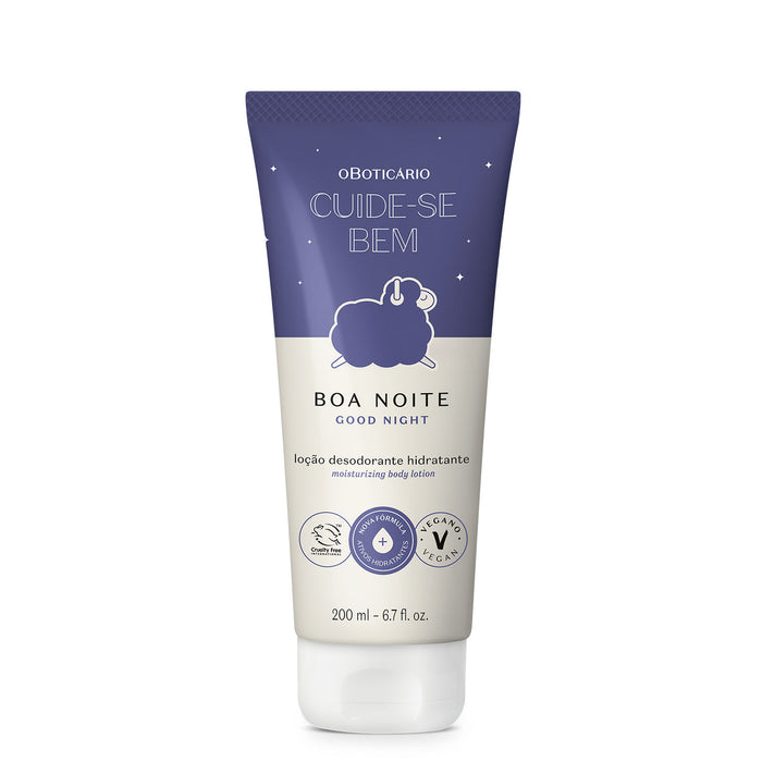 Front view of the Boticário Cuide-se Bem Boa Noite deodorant moisturizing body lotion 200 ml navy and cream tube with sheep icon and vegan cruelty-free seals – Buy now at MKPBR.COM – Worldwide Shipping