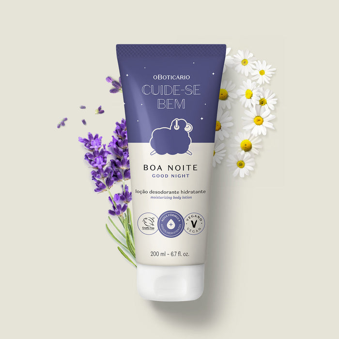 Boticário Cuide-se Bem Boa Noite 200 ml body lotion tube styled with fresh chamomile flowers and purple florals on a soft beige background – Buy now at MKPBR.COM – Worldwide Shipping