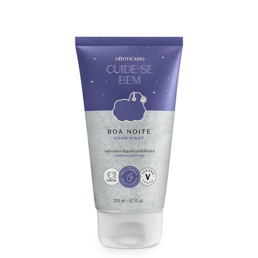 O Boticário Cuide-se Bem Boa Noite exfoliating body wash 200 ml purple tube with sleeping sheep artwork, front view – Buy now at MKPBR.COM – Worldwide Shipping