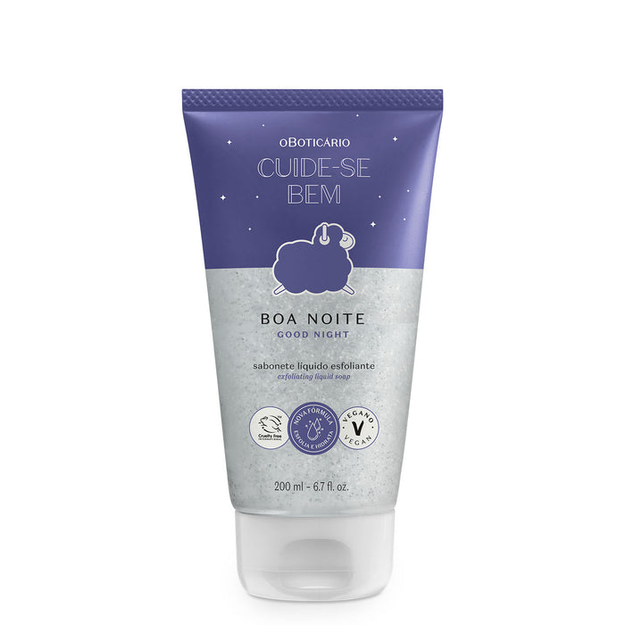 O Boticário Cuide-se Bem Boa Noite exfoliating body wash 200 ml purple tube with sleeping sheep artwork, front view – Buy now at MKPBR.COM – Worldwide Shipping