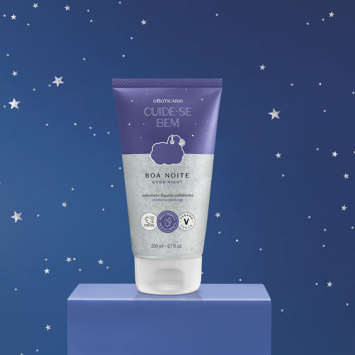 Cuide-se Bem Boa Noite exfoliating liquid soap tube displayed on a lilac pedestal against a starry navy backdrop – Buy now at MKPBR.COM – Worldwide Shipping