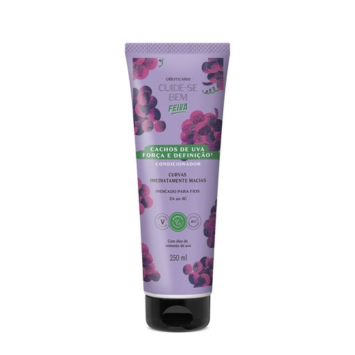 Front of the lilac O Boticário Cuide-se Bem Feira Cachos de Uva grape curl conditioner 250 ml tube with purple grape print and vegan seal – Buy now at MKPBR.COM – Worldwide Shipping