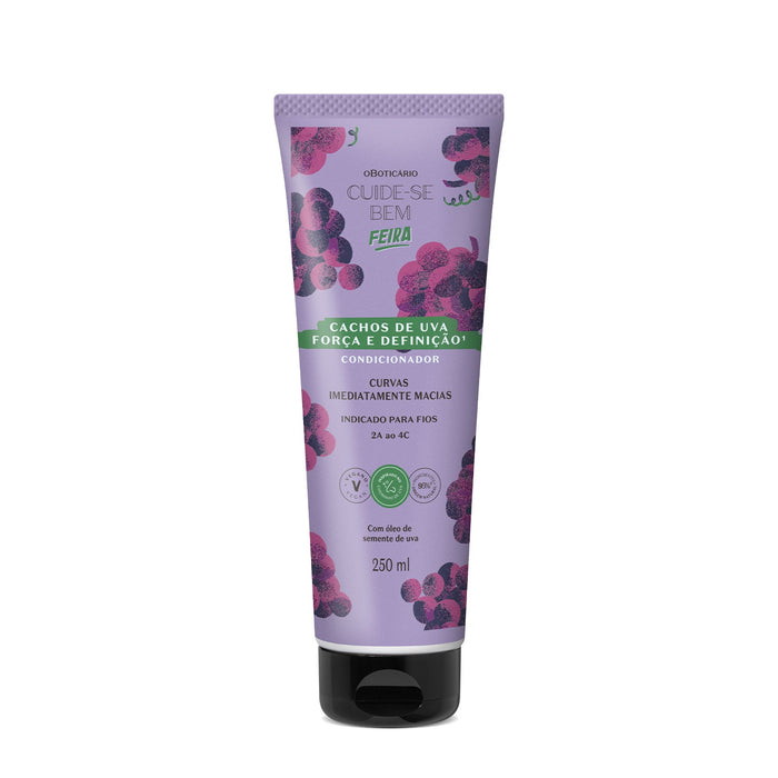 Front of the lilac O Boticário Cuide-se Bem Feira Cachos de Uva grape curl conditioner 250 ml tube with purple grape print and vegan seal – Buy now at MKPBR.COM – Worldwide Shipping