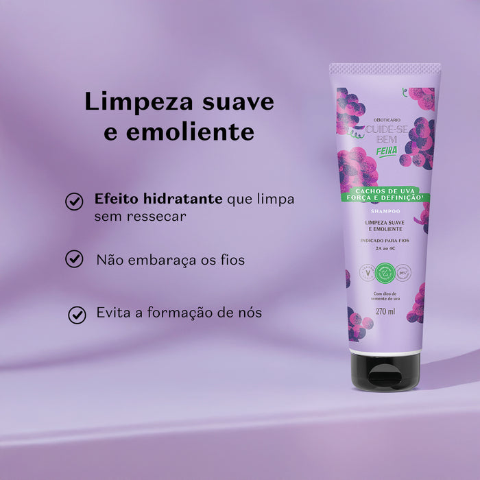 Back label of Boticário Cuide-se Bem Feira Cachos de Uva Grape Curl Shampoo 270 ml showing the Portuguese ingredient list and directions for curl types 2A to 4C – Buy now at MKPBR.COM – Worldwide Shipping