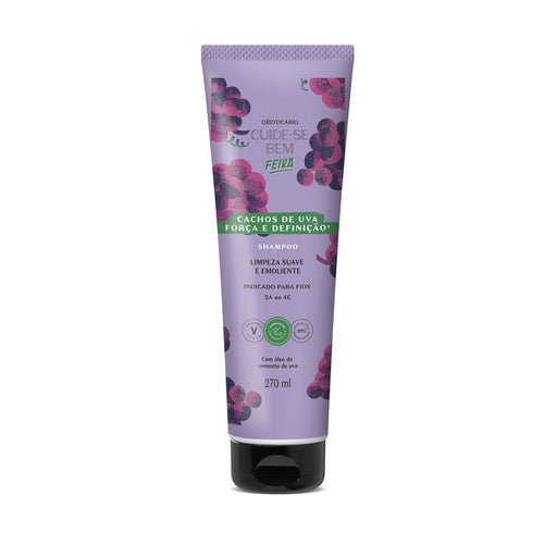 Front of the 270 ml bottle of Boticário Cuide-se Bem Feira Cachos de Uva Grape Curl Shampoo, a Brazilian gentle cleansing shampoo for curly and coily hair – Buy now at MKPBR.COM – Worldwide Shipping