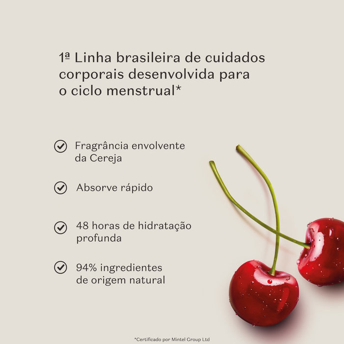 Benefits infographic for Boticário Cuide-se Bem Cereja de Fases body lotion with fresh red cherries, listing 48-hour hydration and 94% natural-origin ingredients – Buy now at MKPBR.COM – Worldwide Shipping