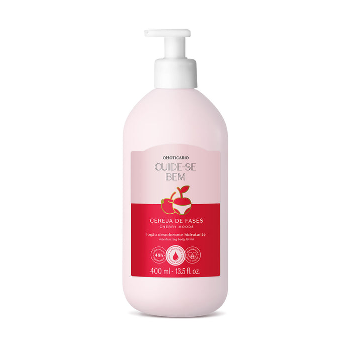 Front view of the pink Boticário Cuide-se Bem Cereja de Fases deodorant moisturizing body lotion 400 ml pump bottle on a white background – Buy now at MKPBR.COM – Worldwide Shipping