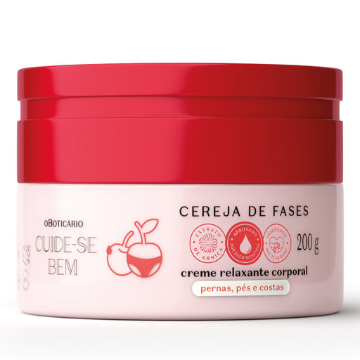 Front of the white and red 200 g jar of Boticário Cuide-se Bem Cereja de Fases relaxing body cream with arnica extract, for legs, feet and back – Buy now at MKPBR.COM – Worldwide Shipping