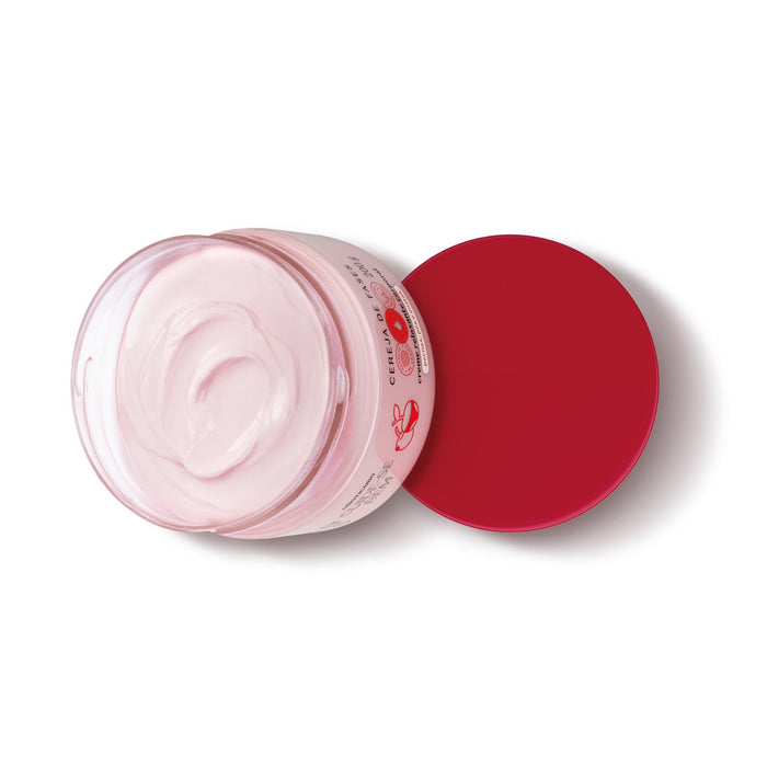 Top view of the open Boticário Cuide-se Bem Cereja de Fases body cream jar filled with pale pink cream next to its red lid – Buy now at MKPBR.COM – Worldwide Shipping