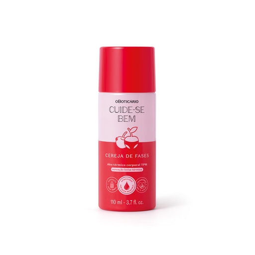Boticário Cuide-se Bem Cereja de Fases Warming Body Oil 110 ml red bottle, front label with cherry artwork – Buy now at MKPBR.COM – Worldwide Shipping