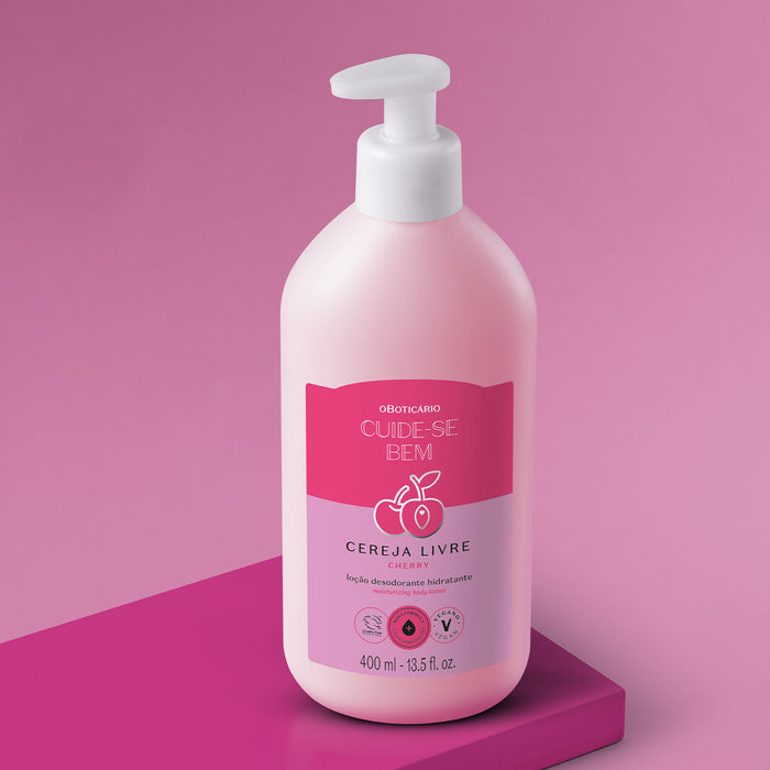 Angled view of Boticário Cuide-se Bem Cereja Livre body lotion 400 ml showing the pump dispenser and cherry label detail – Buy now at MKPBR.COM – Worldwide Shipping