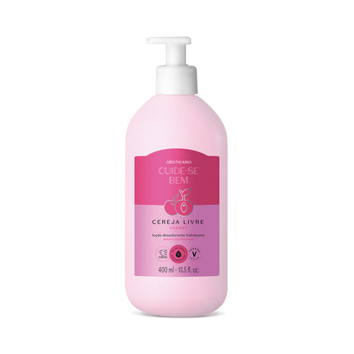 Boticário Cuide-se Bem Cereja Livre Deodorant Body Lotion 400 ml front view of the pink cherry bottle – Buy now at MKPBR.COM – Worldwide Shipping