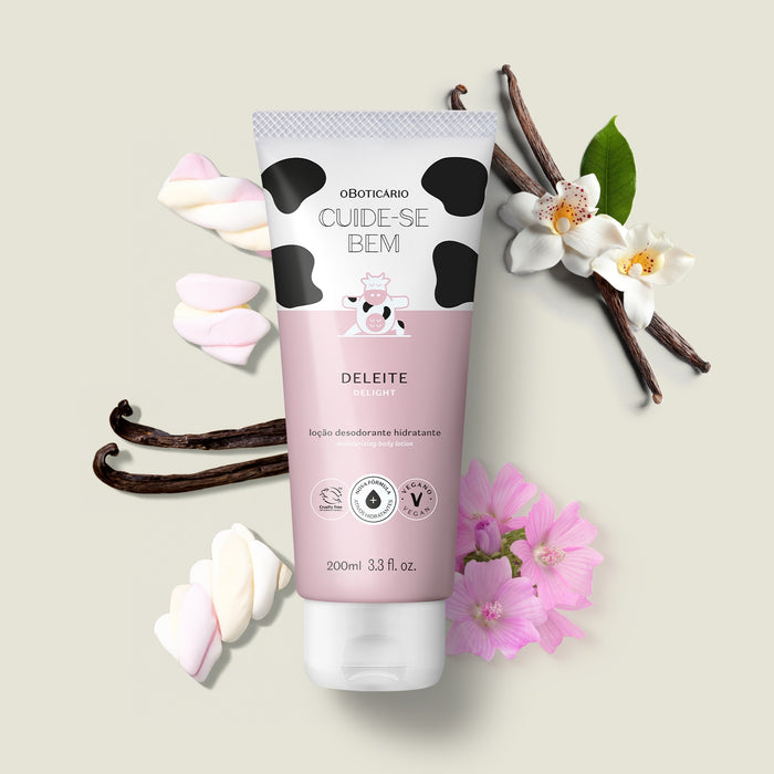 Cuide-se Bem Deleite Brazilian body lotion tube styled with vanilla pods, marshmallows and pink flowers showing the sweet gourmand fragrance notes – Buy now at MKPBR.COM – Worldwide Shipping