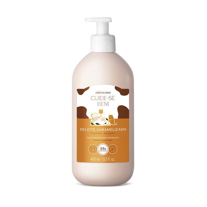 Boticário Cuide-se Bem Deleite Caramelizado deodorant body lotion 400 ml pump bottle, front view of the cow-print caramel label – Buy now at MKPBR.COM – Worldwide Shipping