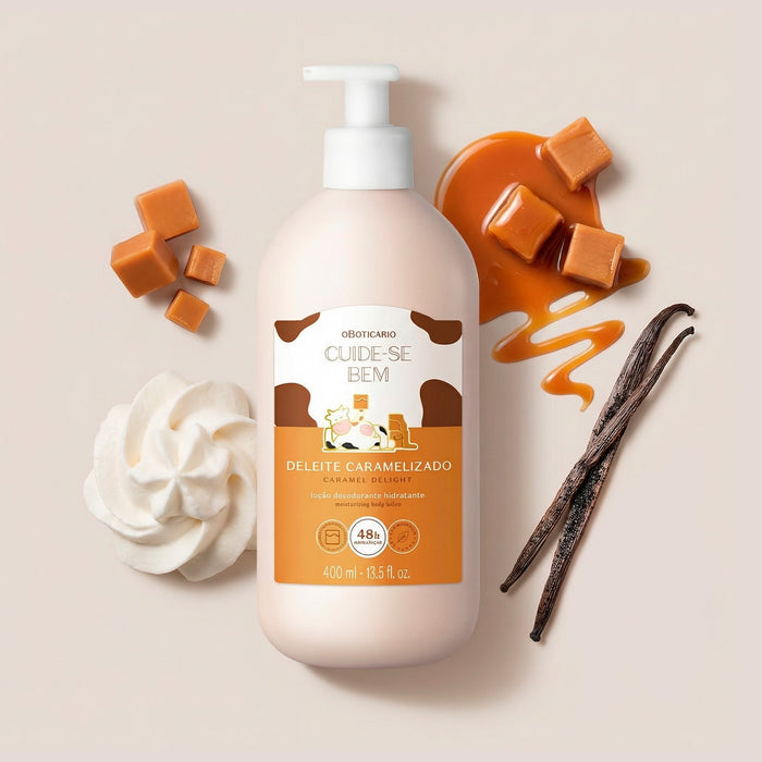 Boticário Cuide-se Bem Deleite Caramelizado body lotion 400 ml flat lay with caramel candies, vanilla pods and whipped cream – Buy now at MKPBR.COM – Worldwide Shipping