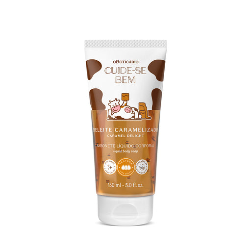 Boticário Cuide-se Bem Deleite Caramelizado Body Wash 150 ml front view of the white and caramel tube with cow print and Brazilian Portuguese label – Buy now at MKPBR.COM – Worldwide Shipping
