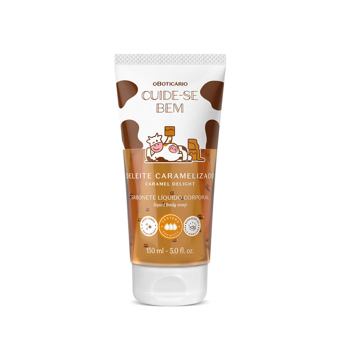 Boticário Cuide-se Bem Deleite Caramelizado Body Wash 150 ml front view of the white and caramel tube with cow print and Brazilian Portuguese label – Buy now at MKPBR.COM – Worldwide Shipping