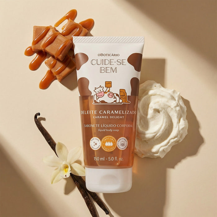 Boticário Cuide-se Bem Deleite Caramelizado Body Wash tube styled with caramel candies, vanilla pods and whipped cream showing its gourmand caramel fragrance – Buy now at MKPBR.COM – Worldwide Shipping