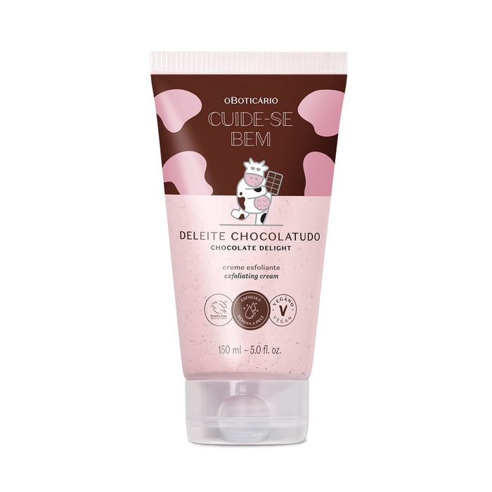 Boticário Cuide-se Bem Deleite Chocolatudo exfoliating body cream 150 ml jar front view, Brazilian chocolate-scented body scrub – Buy now at MKPBR.COM – Worldwide Shipping