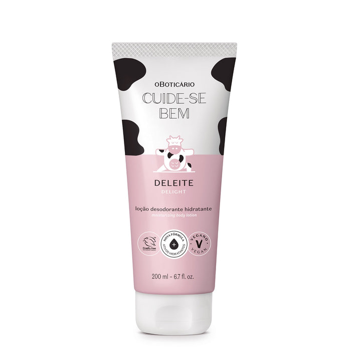 O Boticário Cuide-se Bem Deleite deodorant moisturizing body lotion 200 ml tube, front view of the pink and cow-print packaging with Cruelty Free and Vegan seals – Buy now at MKPBR.COM – Worldwide Shipping