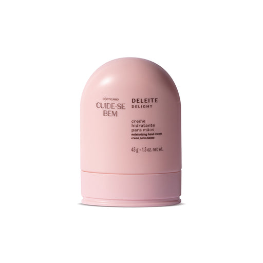 O Boticário Cuide-se Bem Deleite moisturizing hand cream 45 g pink dome-shaped pocket pack, front label – Buy now at MKPBR.COM – Worldwide Shipping