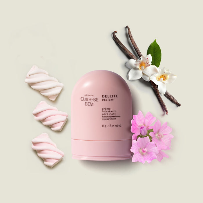Cuide-se Bem Deleite hand cream 45 g styled with vanilla pods, marshmallows and mallow flowers illustrating the milky gourmand scent – Buy now at MKPBR.COM – Worldwide Shipping