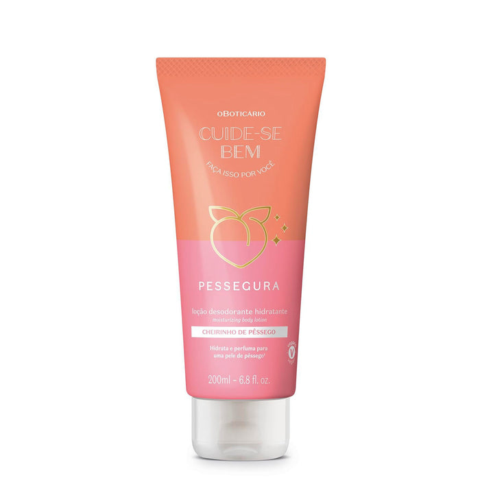 Front view of Boticário Cuide-se Bem Doçura na Pessegura deodorant body lotion 200 ml peach coral tube with white cap – Buy now at MKPBR.COM – Worldwide Shipping