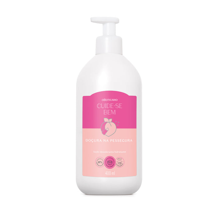 Front view of Boticário Cuide-se Bem Doçura na Pessegura deodorant moisturizing body lotion 400 ml pink pump bottle – Buy now at MKPBR.COM – Worldwide Shipping