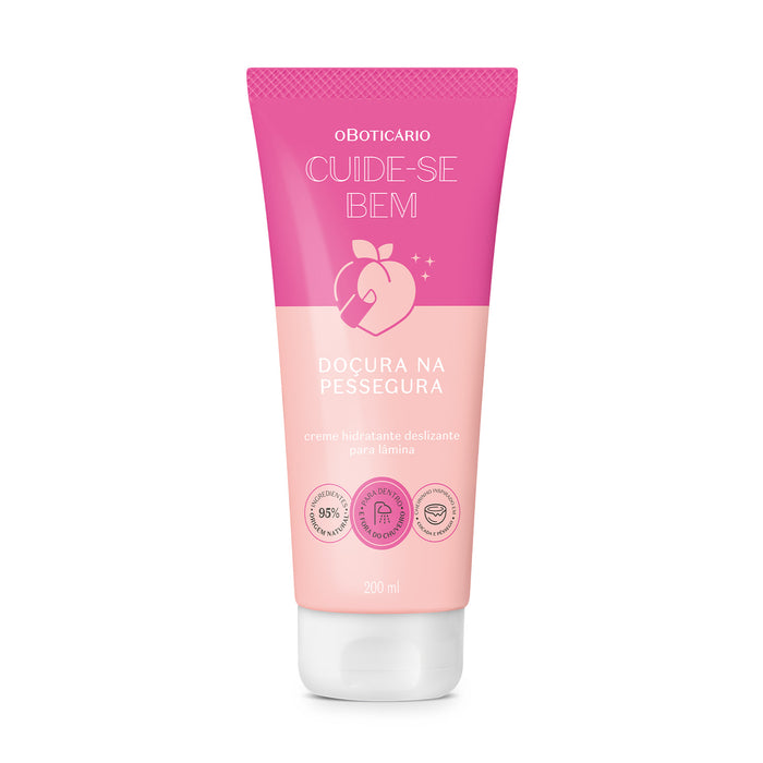 Boticário Cuide-se Bem Doçura na Pessegura Glide Shaving Cream 200 ml pink tube, front view of the Brazilian razor glide cream – Buy now at MKPBR.COM – Worldwide Shipping