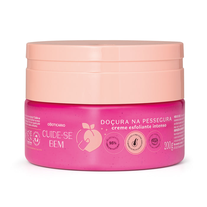 Boticário Cuide-se Bem Doçura na Pessegura Intense Exfoliating Body Cream 200 g pink jar, front label with peach icon – Buy now at MKPBR.COM – Worldwide Shipping