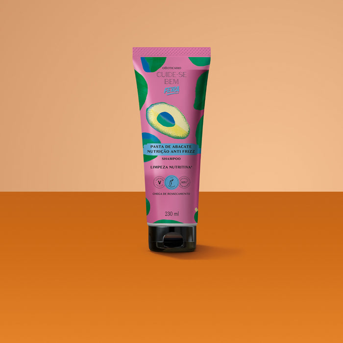 Back label of O Boticário Cuide-se Bem Feira avocado shampoo 230 ml showing Brazilian Portuguese ingredients and directions – Buy now at MKPBR.COM – Worldwide Shipping