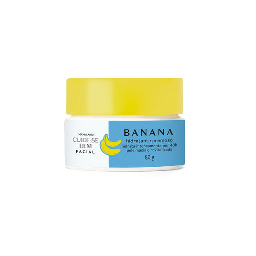 O Boticario Cuide-se Bem Feira Banana Creamy Facial Moisturizer 80 g jar front view, Brazilian vegan face cream with banana extract – Buy now at MKPBR.COM – Worldwide Shipping