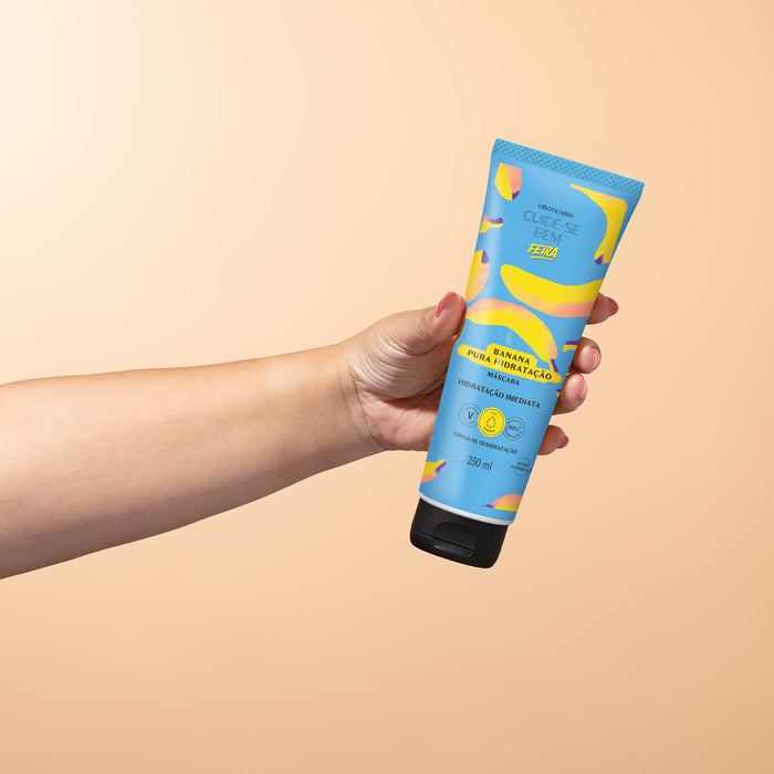 O Boticário Cuide-se Bem Feira Banana Hair Mask 250 ml shown with the Feira Banana hair care line, cruelty-free Brazilian moisturizing treatment – Buy now at MKPBR.COM – Worldwide Shipping