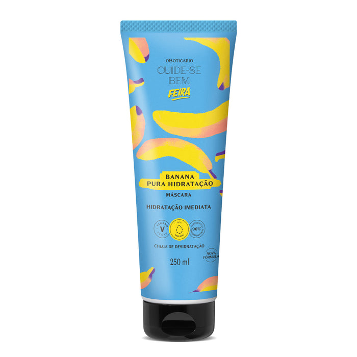 O Boticário Cuide-se Bem Feira Banana Hair Mask 250 ml jar front view with yellow banana packaging, Brazilian hydrating hair treatment – Buy now at MKPBR.COM – Worldwide Shipping