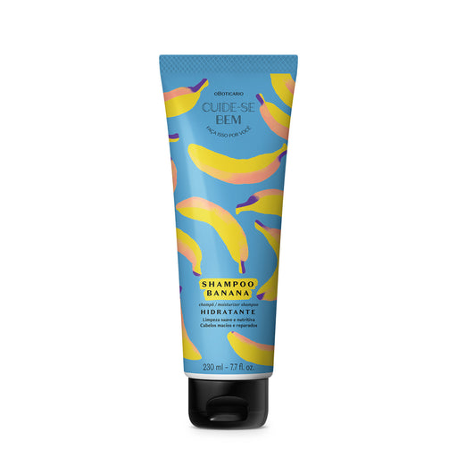 O Boticário Cuide-se Bem Feira Banana Shampoo 230 ml blue banana-print tube standing upright, front view of the hydrating Brazilian shampoo – Buy now at MKPBR.COM – Worldwide Shipping