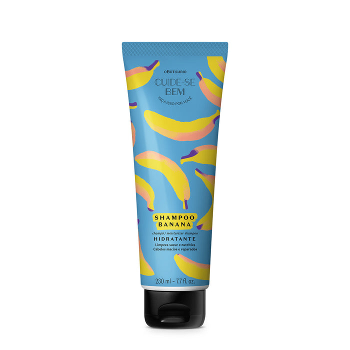 O Boticário Cuide-se Bem Feira Banana Shampoo 230 ml blue banana-print tube standing upright, front view of the hydrating Brazilian shampoo – Buy now at MKPBR.COM – Worldwide Shipping