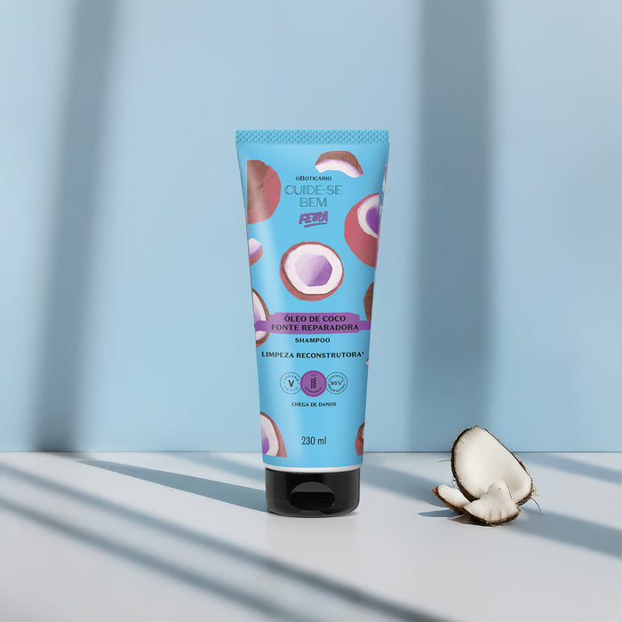 Back of pack of the Boticário Cuide-se Bem Feira coconut oil shampoo 230 ml showing Portuguese usage instructions and ingredients – Buy now at MKPBR.COM – Worldwide Shipping