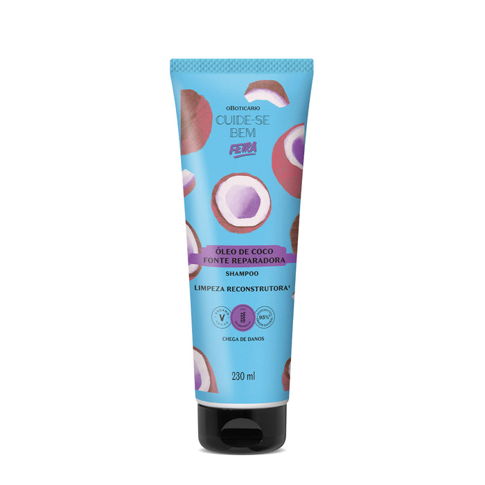 Boticário Cuide-se Bem Feira Óleo de Coco coconut oil shampoo 230 ml bottle, front view of the Brazilian reconstructive cleansing shampoo for brittle hair – Buy now at MKPBR.COM – Worldwide Shipping
