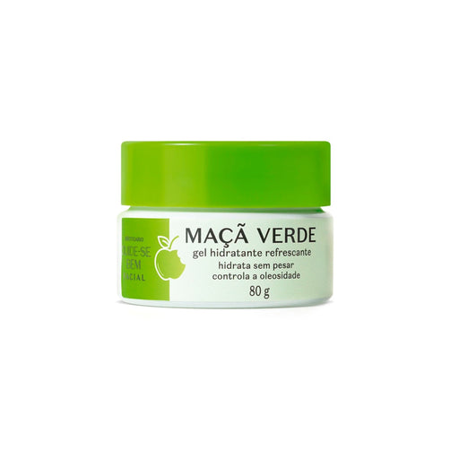 Front view of the white and green 80 g jar of Boticário Cuide-se Bem Feira Maçã Verde refreshing facial gel moisturizer from Brazil – Buy now at MKPBR.COM – Worldwide Shipping