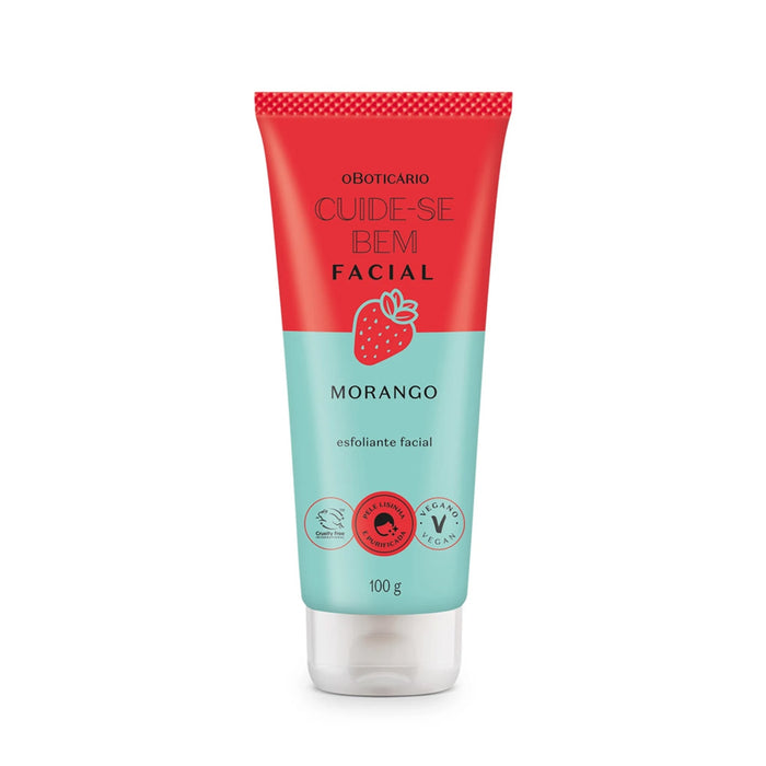 Front of the O Boticário Cuide-se Bem Feira Morango facial scrub 100 g red and mint tube with strawberry icon and vegan seal – Buy now at MKPBR.COM – Worldwide Shipping