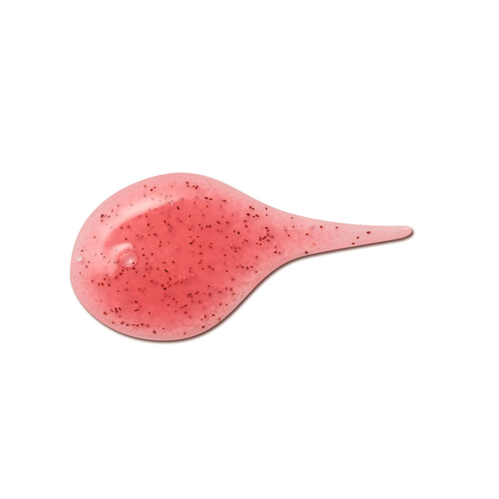 Swatch of the pink Boticário Cuide-se Bem Feira Morango facial scrub gel showing dark coconut shell exfoliating particles – Buy now at MKPBR.COM – Worldwide Shipping