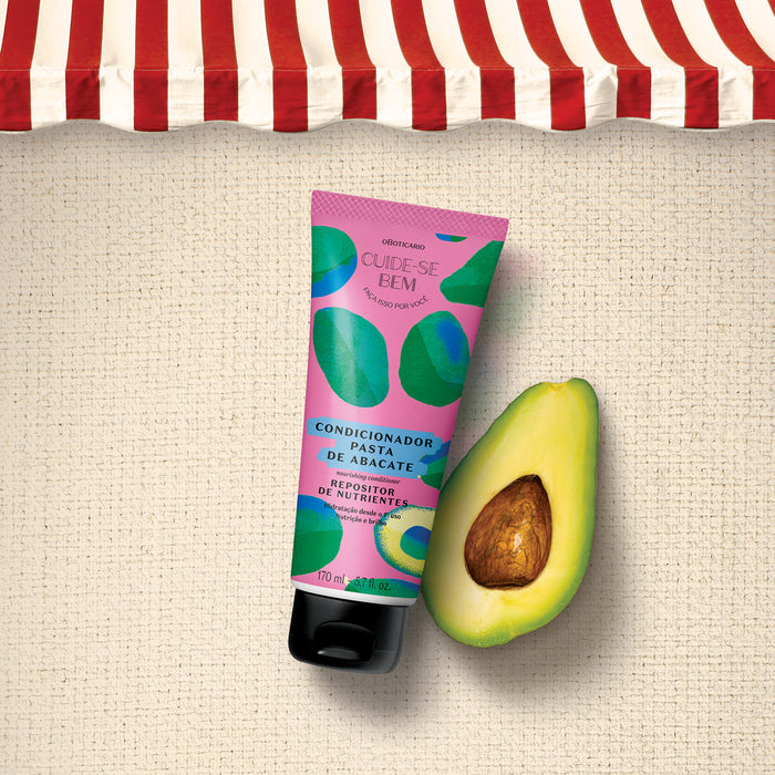 Boticário Cuide-se Bem Feira Pasta de Abacate Conditioner with fresh avocado and shea butter ingredients highlighting the Brazilian hair care formula – Buy now at MKPBR.COM – Worldwide Shipping