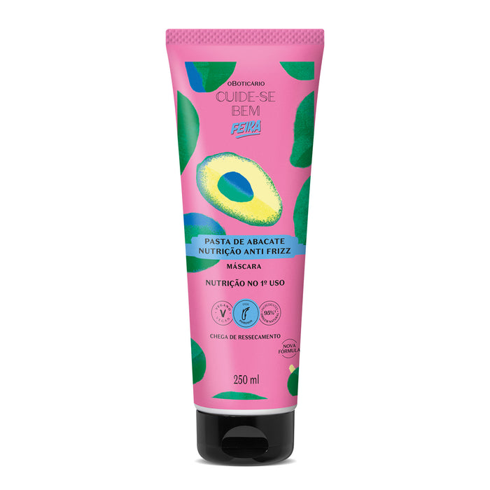 Front view of the pink O Boticário Cuide-se Bem Feira Pasta de Abacate avocado hair mask 250 ml tube on a white background – Buy now at MKPBR.COM – Worldwide Shipping