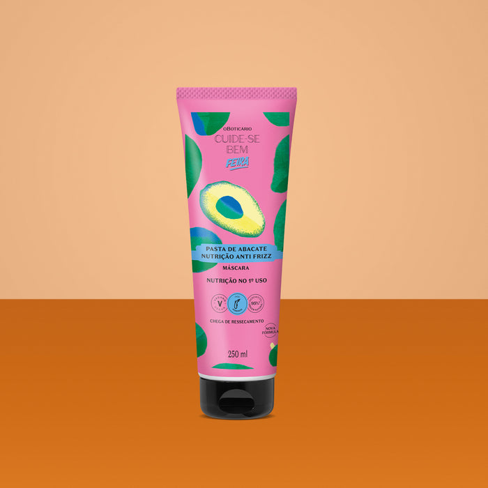 Boticário Cuide-se Bem Feira Pasta de Abacate avocado hair mask 250 ml tube standing on a two-tone orange studio background – Buy now at MKPBR.COM – Worldwide Shipping