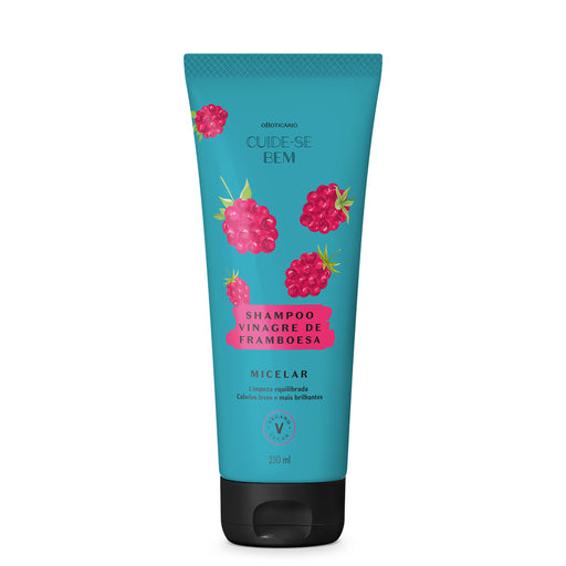 Front view of Boticário Cuide-se Bem Feira Raspberry Vinegar Micellar Shampoo 230 ml pink bottle, Brazilian vegan cleansing shampoo for oily roots – Buy now at MKPBR.COM – Worldwide Shipping