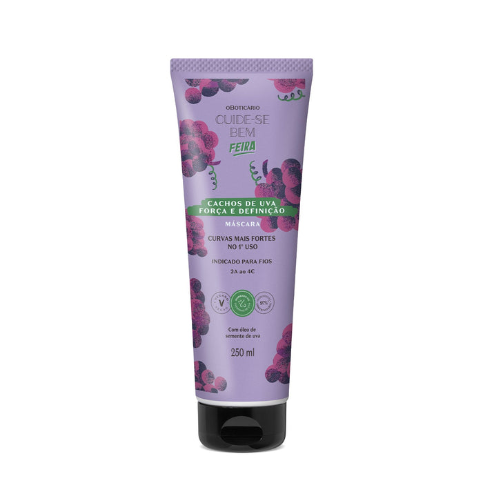 Boticário Cuide-se Bem Feira Cachos de Uva Grape Curl Hair Mask 250 ml jar front view, Brazilian nourishing mask for curly and coily hair – Buy now at MKPBR.COM – Worldwide Shipping