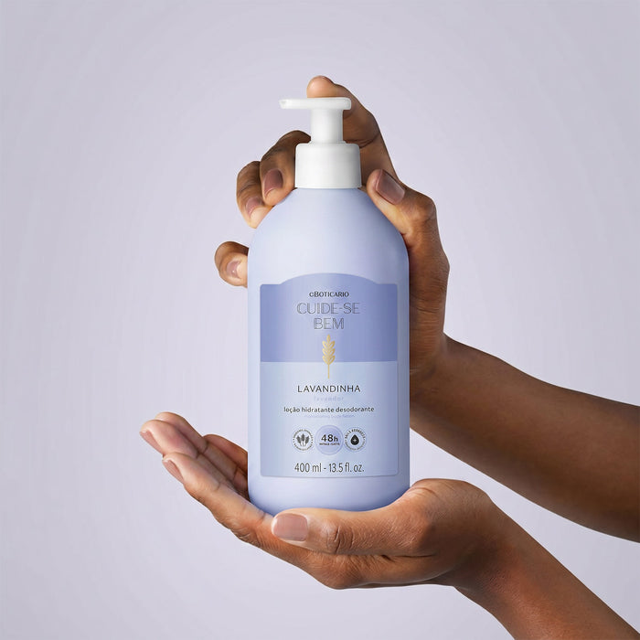 Back label detail of Boticario Cuide-se Bem Lavandinha 48h hydration body lotion 400ml with Portuguese ingredient and usage information – Buy now at MKPBR.COM – Worldwide Shipping