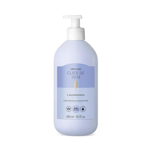 Front view of Boticario Cuide-se Bem Lavandinha deodorant body lotion 400ml bottle with relaxing lavender floral scent from Brazil – Buy now at MKPBR.COM – Worldwide Shipping