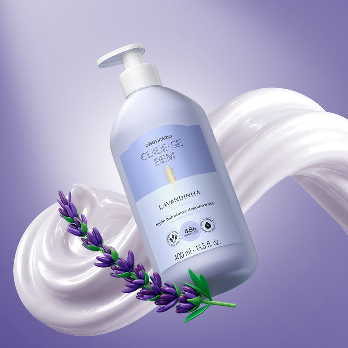 Product presentation image of Boticario Cuide-se Bem Lavandinha vegan cruelty-free body moisturizer 400ml from O Boticario Brazil – Buy now at MKPBR.COM – Worldwide Shipping