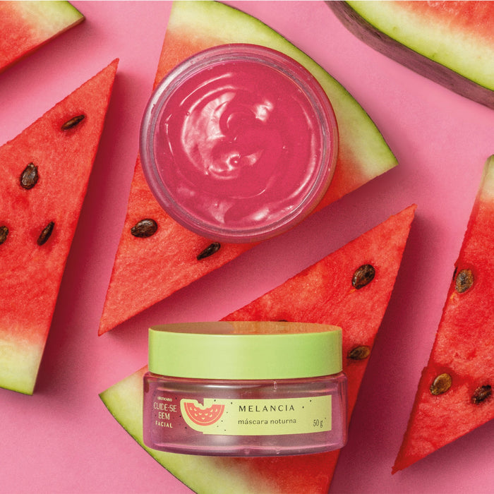Flat lay of Boticário Cuide-se Bem Melancia overnight facial mask jar and watermelon wedges showing the pink jelly texture – Buy now at MKPBR.COM – Worldwide Shipping